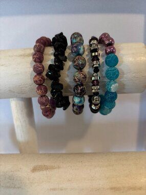 One of a Kind NWT Handmade Gemstone 5 Bracelet Stack Onyx Jasper Agate Jewelry